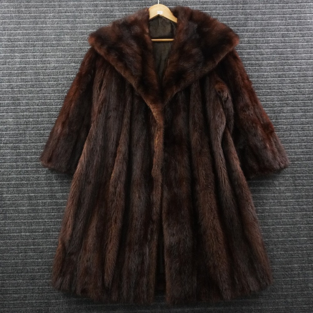Vintage Real Mink Fur Coat Women Large Brown Shawl Collar Swing Jacket